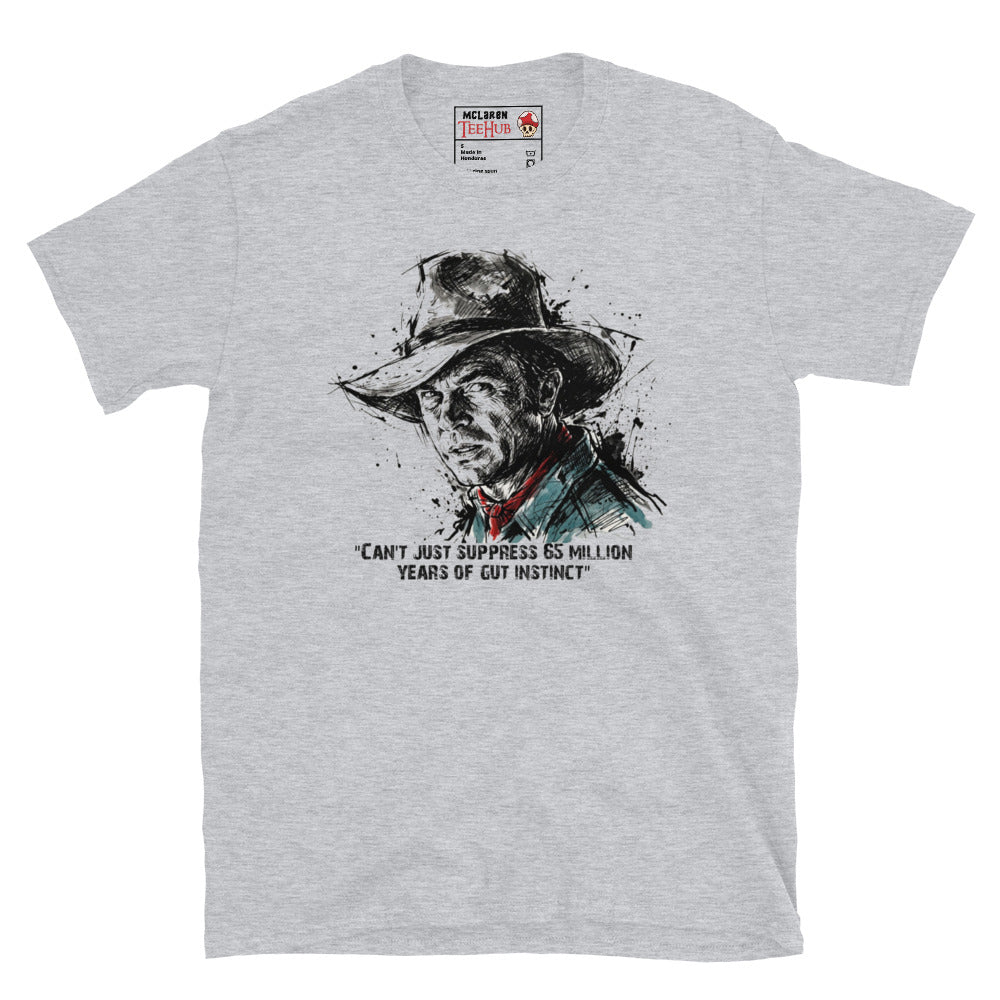 Sport Grey Dr Alan Grant Jurassic Park t-shirt with ink splatter sketch portrait and 65 million years of gut instinct quote in black teal and red