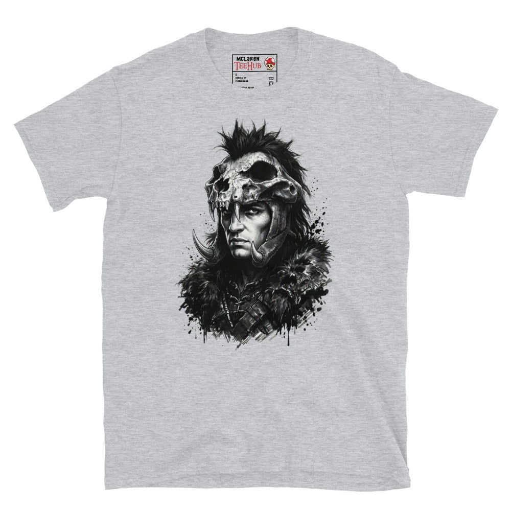 Sport Grey Kurgan Highlander t-shirt with dramatic ink splatter portrait of the Kurgan in skull helmet mohawk crest curved tusks and fur collar armour