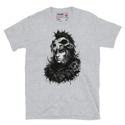 Sport Grey Kurgan Highlander t-shirt with dramatic ink splatter portrait of the Kurgan in skull helmet mohawk crest curved tusks and fur collar armour