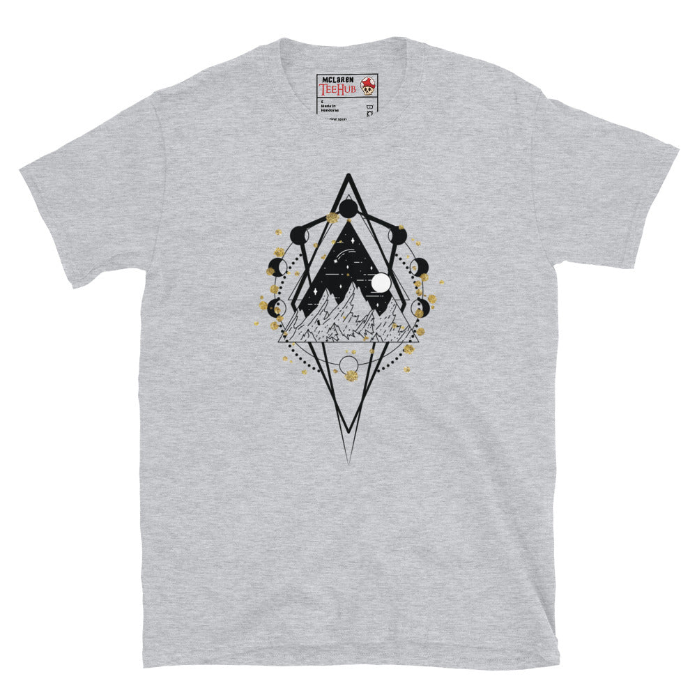 sacred geometry moon phase mountain t-shirt with diamond geometric frame containing mountain night sky landscape surrounded by lunar cycle moon phases and gold foil accents, on sport grey t-shirt.
