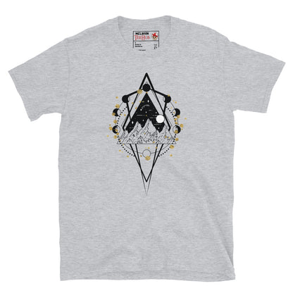 sacred geometry moon phase mountain t-shirt with diamond geometric frame containing mountain night sky landscape surrounded by lunar cycle moon phases and gold foil accents, on sport grey t-shirt.