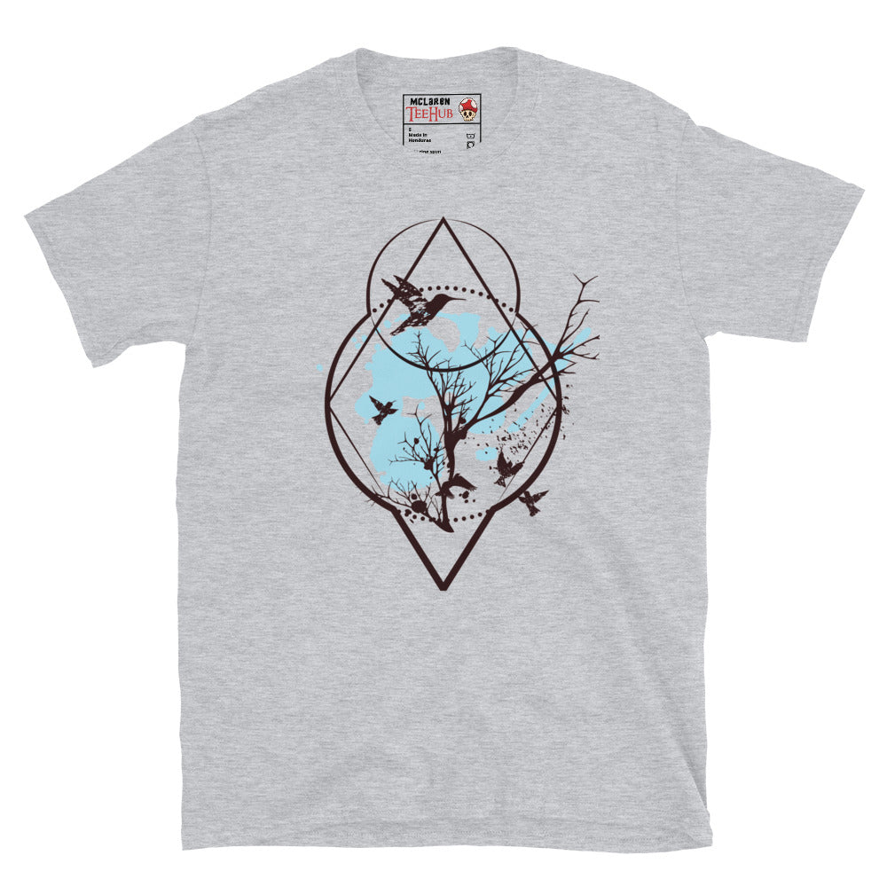 Sport Grey sacred geometry birds and tree t-shirt with diamond circle geometric frame containing bare winter tree branches breaking beyond the boundary with birds in flight silhouettes.