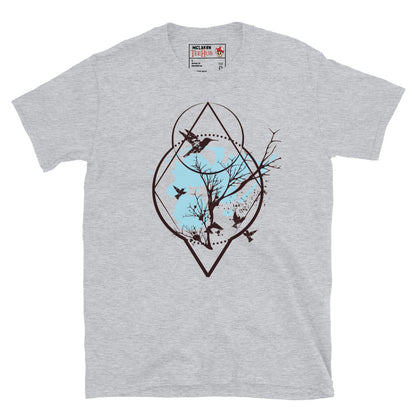 Sport Grey sacred geometry birds and tree t-shirt with diamond circle geometric frame containing bare winter tree branches breaking beyond the boundary with birds in flight silhouettes.