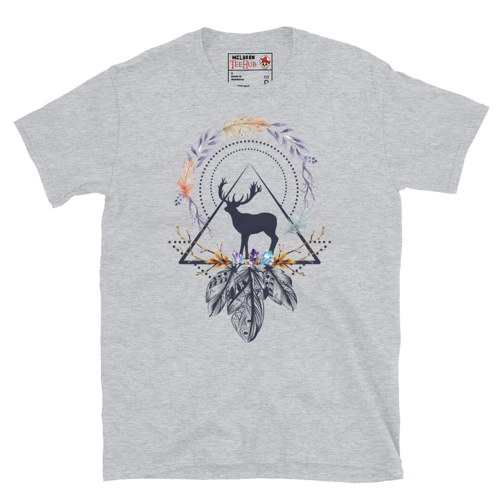 Sport grey boho sacred geometry stag t-shirt with stag silhouette in triangle frame surrounded by watercolour feather botanical wreath amethyst crystals and intricate mandala feathers