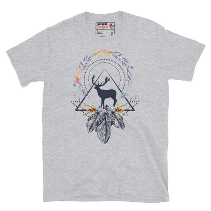 Sport grey boho sacred geometry stag t-shirt with stag silhouette in triangle frame surrounded by watercolour feather botanical wreath amethyst crystals and intricate mandala feathers