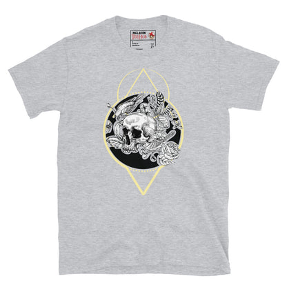 Sport Grey memento mori skull botanical t-shirt with detailed skull surrounded by flowers birds feathers and snake in black circle with gold sacred geometry diamond frame.