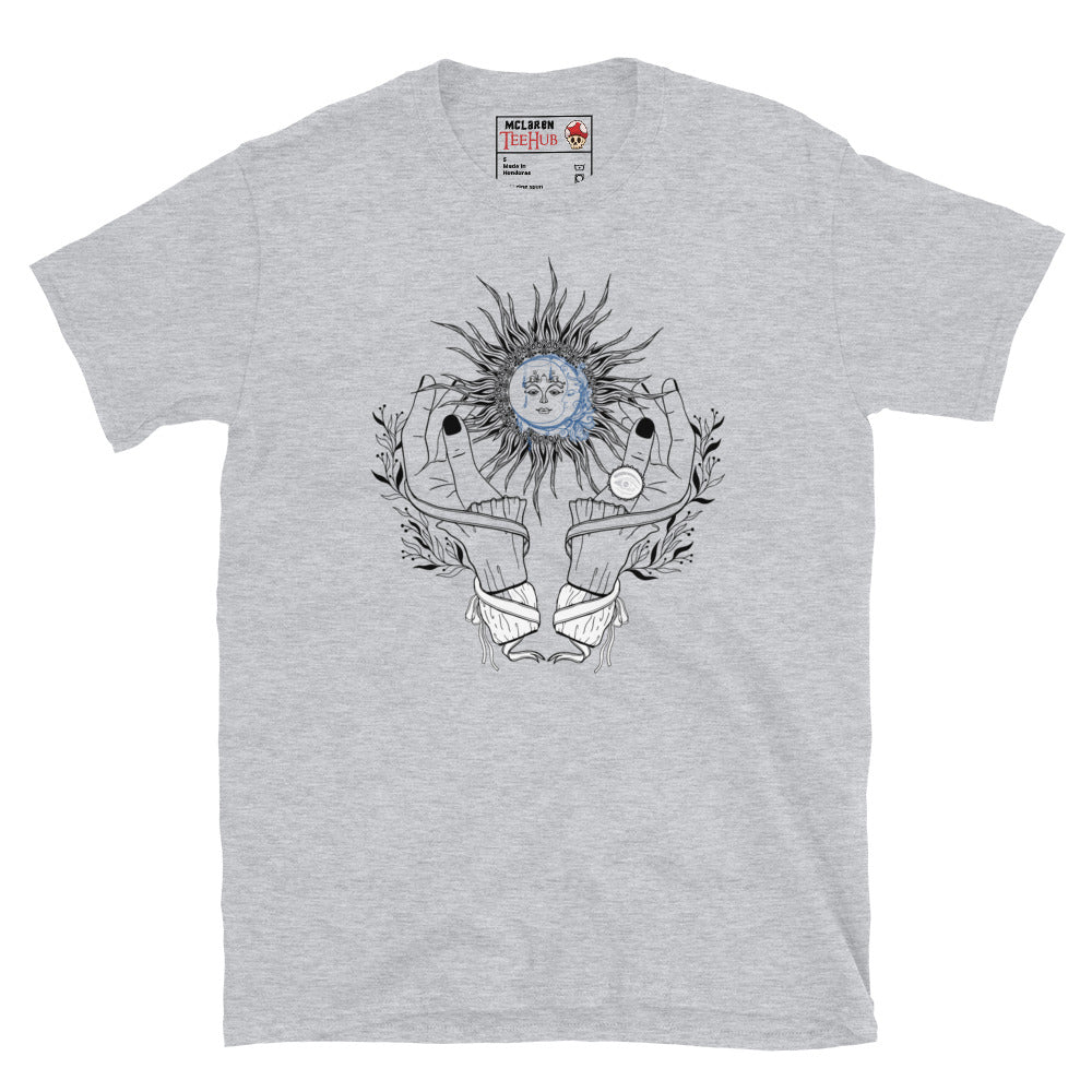 Sport grey celestial witch hands sun moon t-shirt with witchy dark nail hands cradling radiating sun with blue watercolour moon face and botanical sprigs and energy lines.