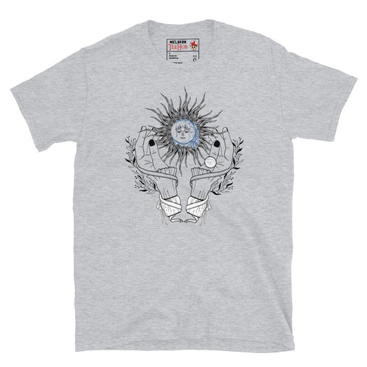 Sport grey celestial witch hands sun moon t-shirt with witchy dark nail hands cradling radiating sun with blue watercolour moon face and botanical sprigs and energy lines.