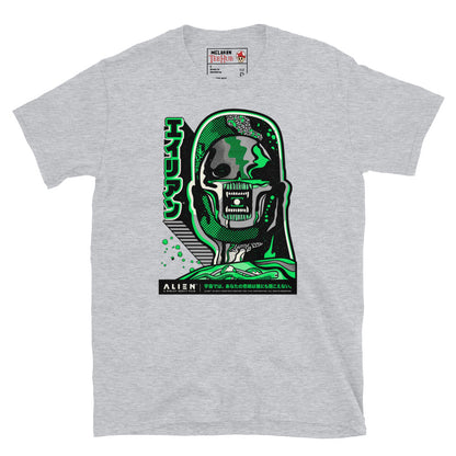 Sport Grey Alien 1979 Japanese poster style t-shirt with kaiju manga Xenomorph illustration in acid green and grey with katakana Alien typography and Ridley Scott Film branding