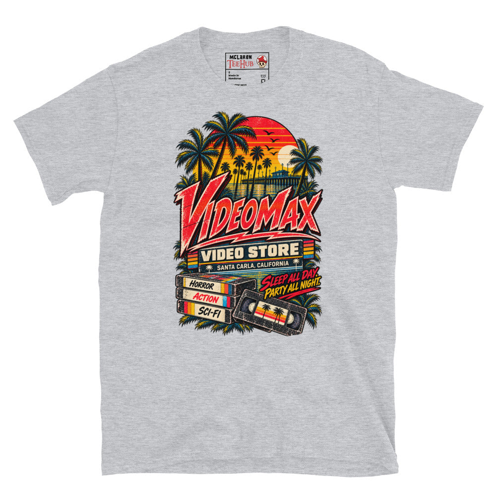 Sport Grey Lost Boys VideoMax Video Store t-shirt with retro California sunset design featuring VideoMax Santa Carla California sign palm trees pier VHS tapes labelled Horror Action Sci-Fi and Sleep All Day Party All Night typography
