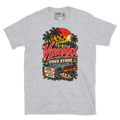 Sport Grey Lost Boys VideoMax Video Store t-shirt with retro California sunset design featuring VideoMax Santa Carla California sign palm trees pier VHS tapes labelled Horror Action Sci-Fi and Sleep All Day Party All Night typography