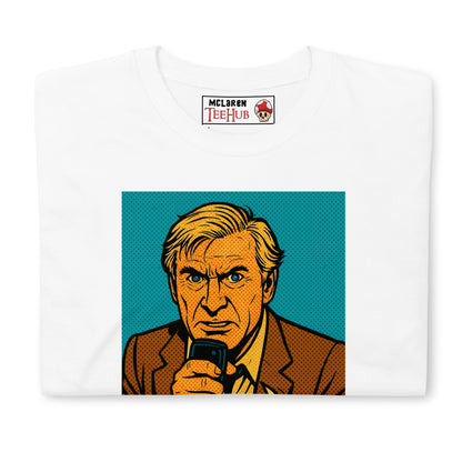 T-shirt featuring a comic-style illustration of Steve McCroskey from the movie 'Airplane!' with the quote 'Looks like I picked the wrong week to quit drinking.
