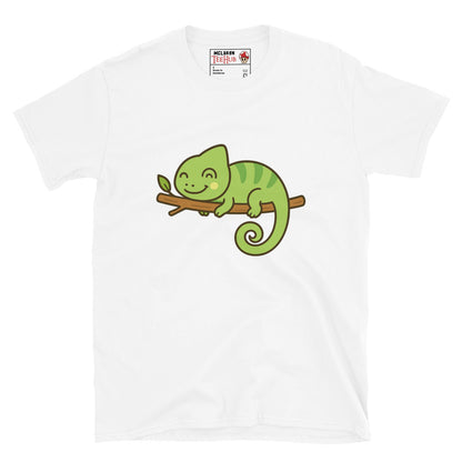 White t-shirt with a green chameleon graphic on a white background