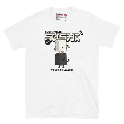 White T-shirt with cartoon sushi roll and soy sauce bottle, Japanese text, and the phrase “True Soy Mates!”
