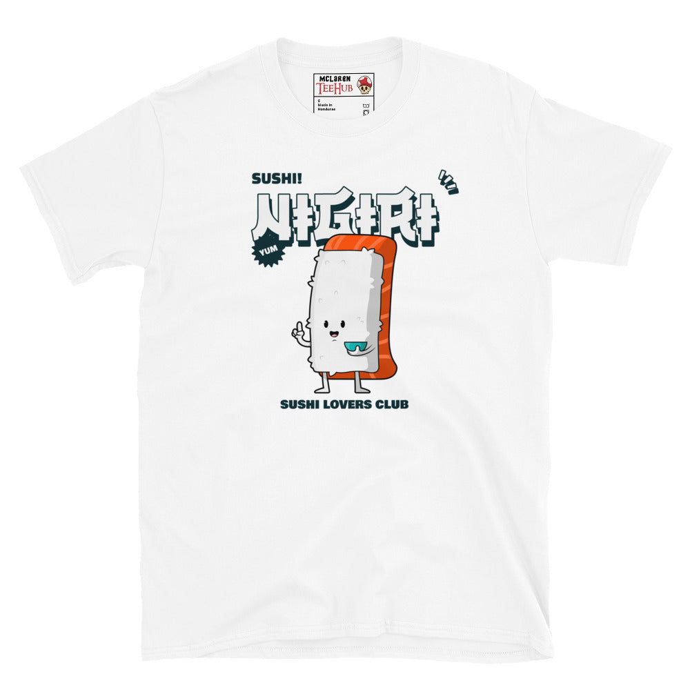 White T-shirt featuring a cute cartoon salmon nigiri with “Sushi Lovers Club” text and bold Japanese graphics.