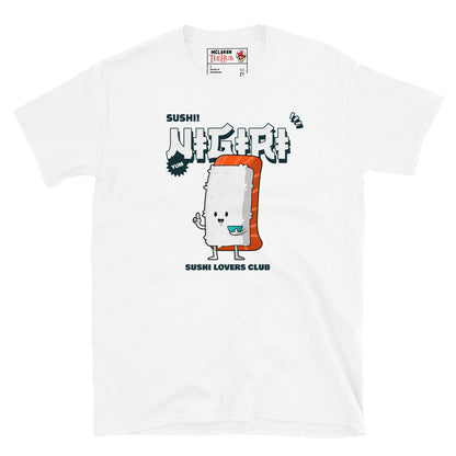 White T-shirt featuring a cute cartoon salmon nigiri with “Sushi Lovers Club” text and bold Japanese graphics.