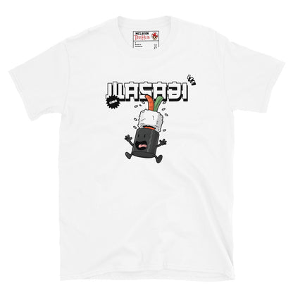 White T-shirt with cartoon sushi character panicking under a falling wasabi dollop and the phrase “Wasabi Is Coming!”