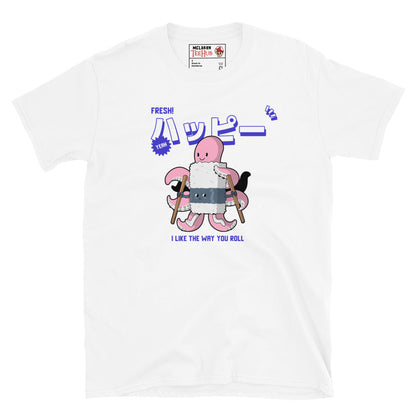 White T-shirt with cartoon octopus rolling sushi using chopsticks and the phrase “I Like the Way You Roll” in purple text.
