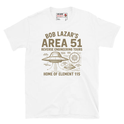 White T-shirt featuring a vintage UFO schematic with labeled parts and text: “Bob Lazar’s Area 51 Reverse Engineering Tours – Home of Element 115.”