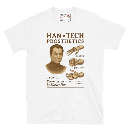 White T-shirt featuring a vintage ad parody for Han-Tech Prosthetics with images of blade, iron fist, articulated hand, and Master Han from Enter the Dragon