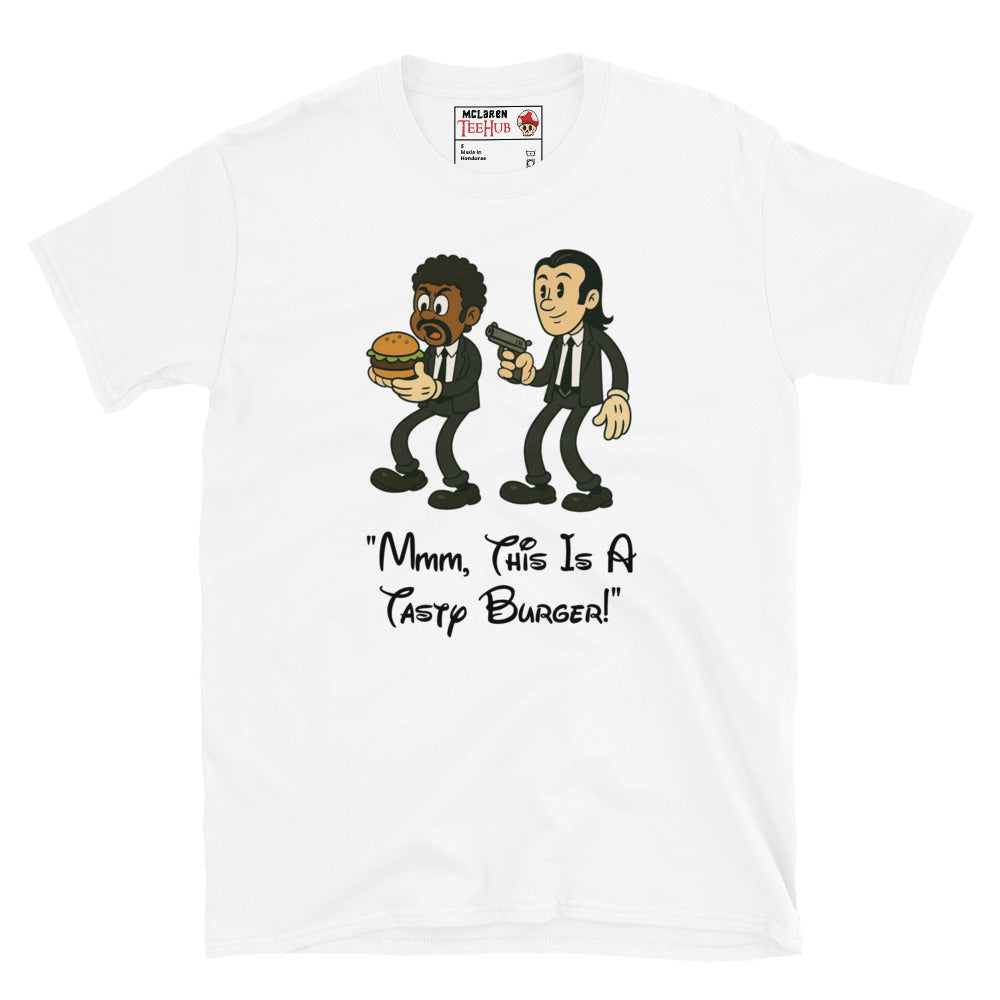White T-shirt with cartoon characters resembling Jules and Vincent from Pulp Fiction, holding a burger and a gun, with the quote “Mmm, This Is a Tasty Burger!”
