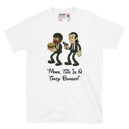 White T-shirt with cartoon characters resembling Jules and Vincent from Pulp Fiction, holding a burger and a gun, with the quote “Mmm, This Is a Tasty Burger!”
