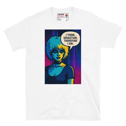 White T-shirt with pop art illustration of Pris from Blade Runner saying “I think, Sebastian, therefore I am” in a speech bubble.