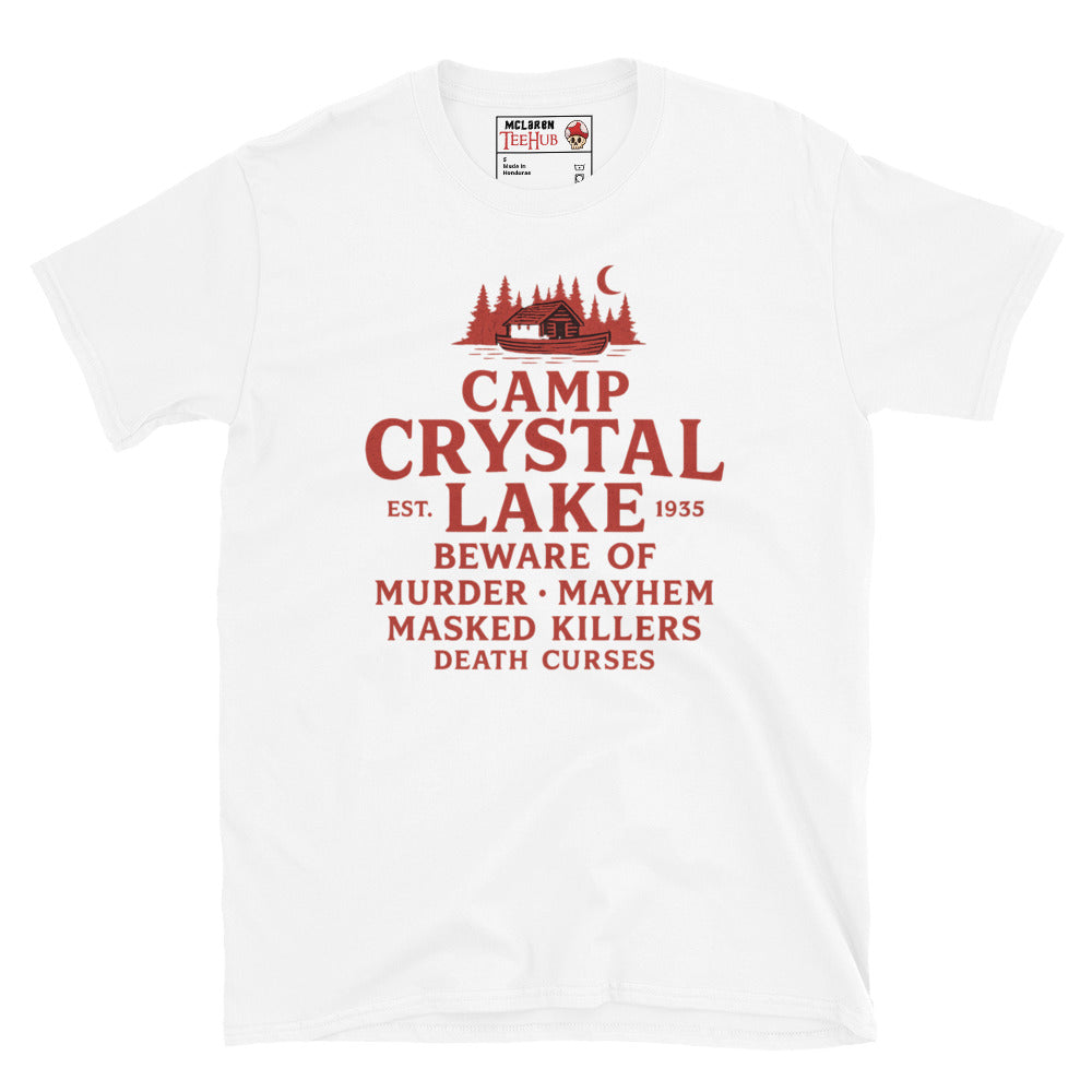 White T-shirt featuring a red retro design of Camp Crystal Lake with horror warning text inspired by the Friday the 13th franchise.
