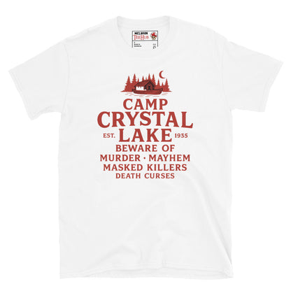 White T-shirt featuring a red retro design of Camp Crystal Lake with horror warning text inspired by the Friday the 13th franchise.