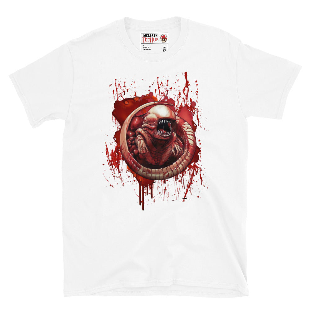 White T-shirt featuring a detailed chestburster creature erupting with blood splatter, inspired by the Alien movie franchise.