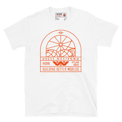 White T-shirt featuring a minimalist orange line art graphic of the USCSS Nostromo badge with Weyland-Yutani branding and “Building Better Worlds” slogan.