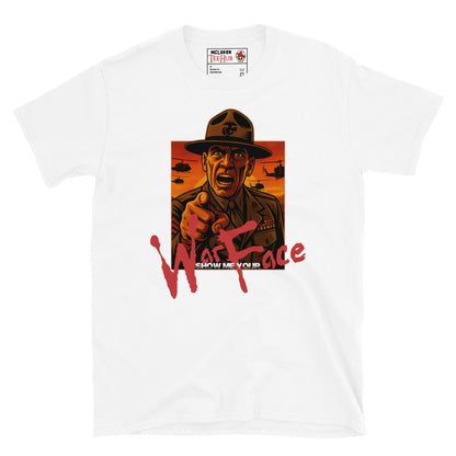White Full Metal Jacket-inspired T-shirt featuring drill instructor with "Show Me Your War Face" quote in bold red lettering and helicopters in the background.