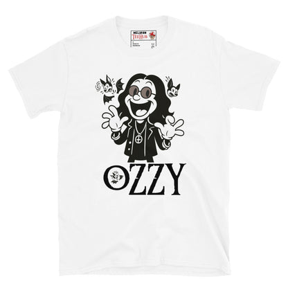 Cartoon Ozzy Osbourne bat T-shirt in retro style – white colour music graphic tee exclusive to McClaren Tee Hub