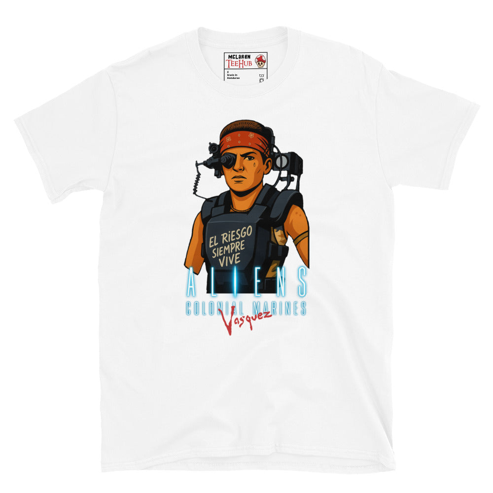 White Aliens Colonial Marines Vasquez T-shirt featuring cartoon Vasquez in red bandana with “El Riesgo Siempre Vive” text on armor.