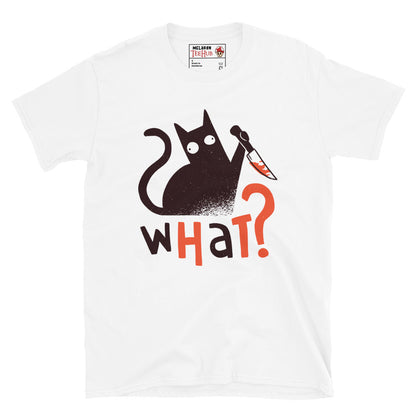 Killer cat graphic tee for horror fans and cat lovers, white t-shirt