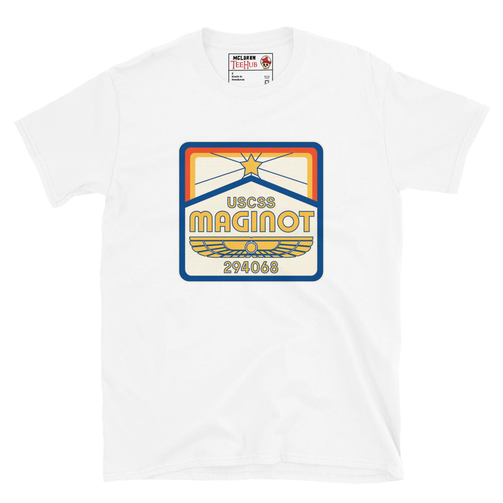 White T-shirt with USCSS Maginot retro crew badge design – Aliens Earth inspired sci-fi fashion.