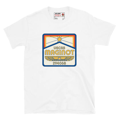 White T-shirt with USCSS Maginot retro crew badge design – Aliens Earth inspired sci-fi fashion.