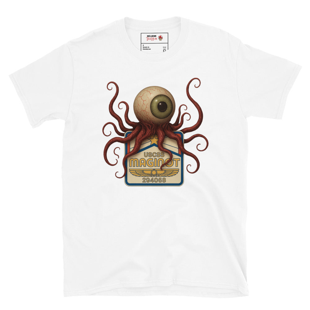 White Alien Earth T-shirt with USCSS Maginot badge and grotesque T-Ocellus monster – retro sci-fi horror design.