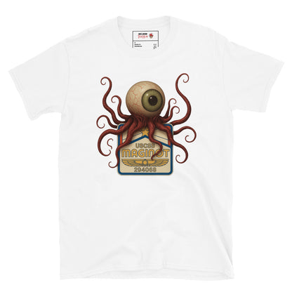 White Alien Earth T-shirt with USCSS Maginot badge and grotesque T-Ocellus monster – retro sci-fi horror design.