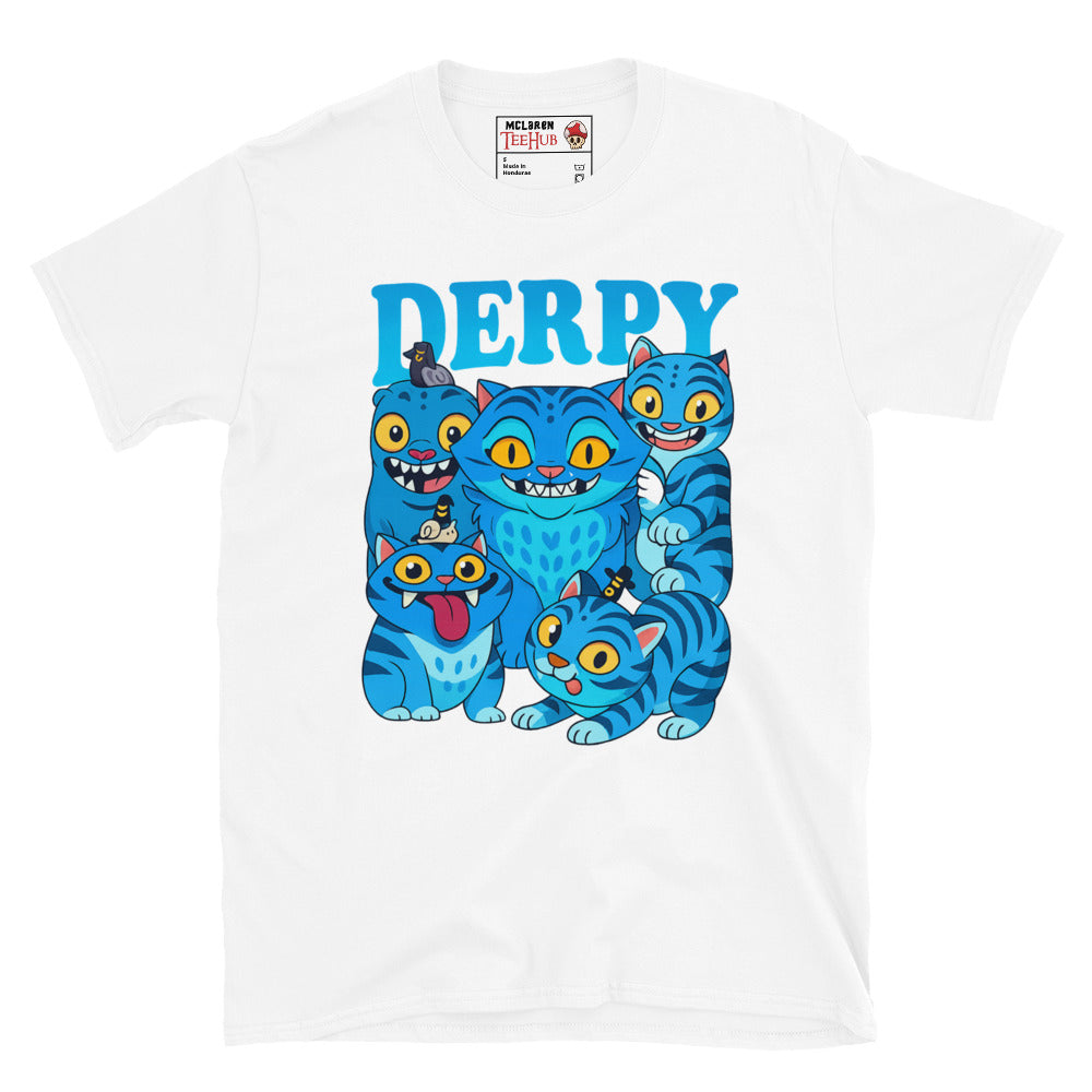 K-Pop Demon Hunters DERPY Demon White T-Shirt featuring blue cartoon demon with playful expressions – Exclusive McLaren T-Hub design