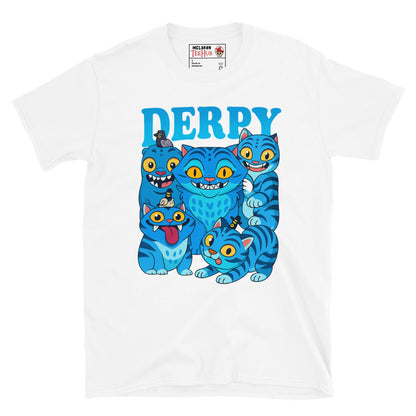 K-Pop Demon Hunters DERPY Demon White T-Shirt featuring blue cartoon demon with playful expressions – Exclusive McLaren T-Hub design