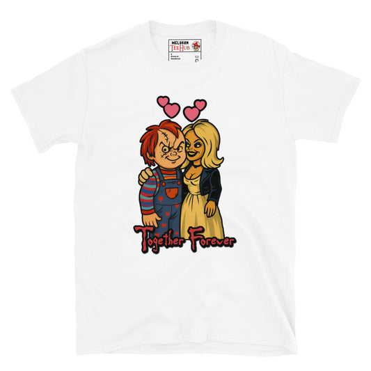 White T-shirt featuring cartoon-style Chucky and Tiffany with hearts above their heads and the phrase “Together Forever” in horror font