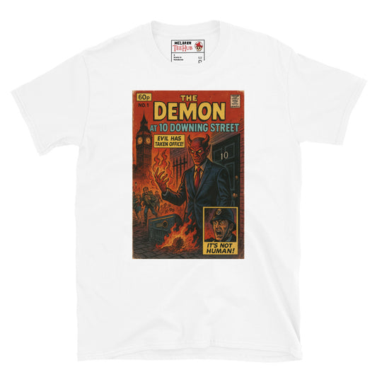 Retro comic-style white T-shirt design featuring The Demon at 10 Downing Street with fiery London chaos, exclusive to McLaren T-Hub.