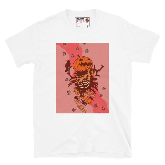 White T-shirt with a fiery skeleton design featuring a jack-o’-lantern pumpkin head, raven, autumn leaves, and Halloween horror aesthetic – McLaren TeeHub exclusive.