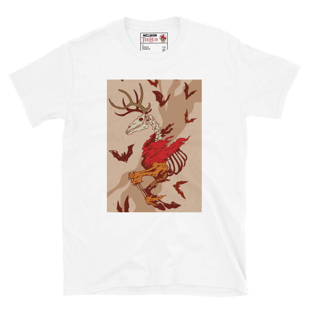 Wendigo Horror T-Shirt – white tee with skeletal stag skull and bats – McLaren TeeHub exclusive