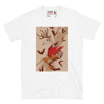 Wendigo Horror T-Shirt – white tee with skeletal stag skull and bats – McLaren TeeHub exclusive