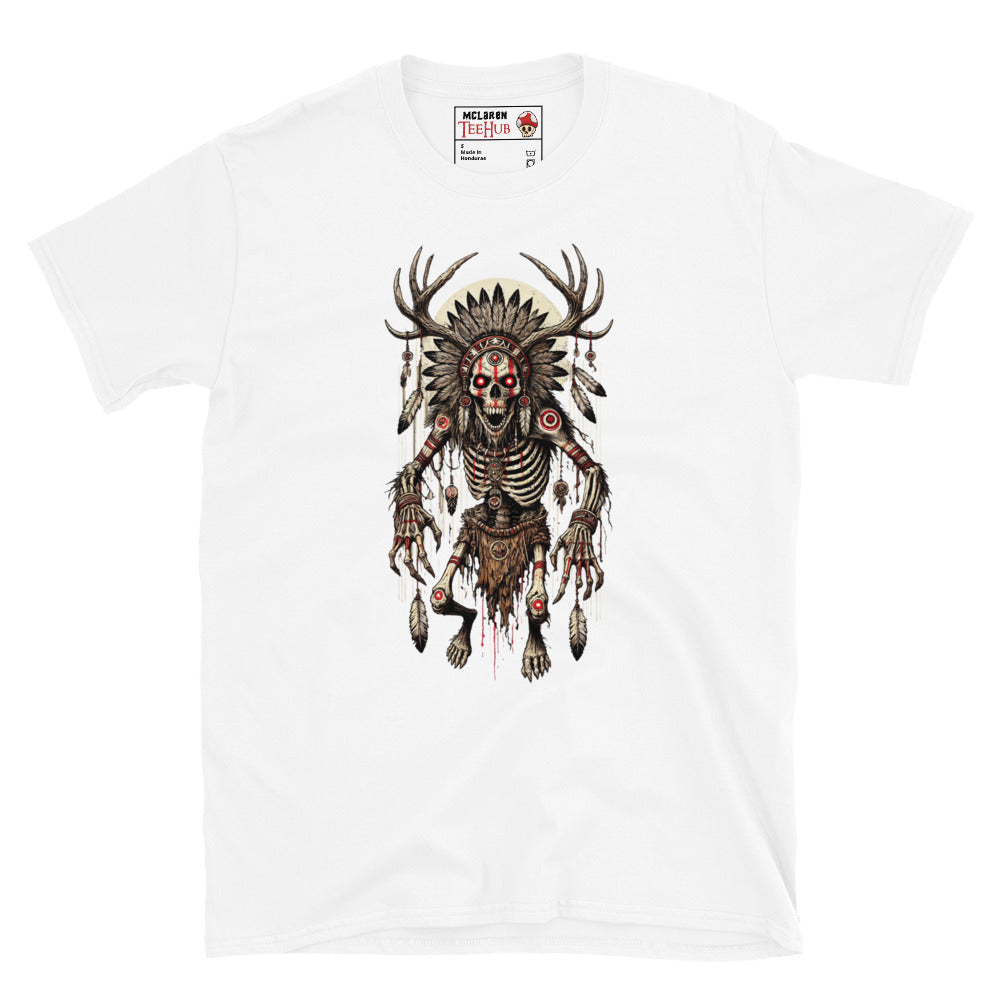 White T-shirt featuring a detailed Wendigo design with skeletal body, antler crown, tribal feathers, and haunting horror aesthetic