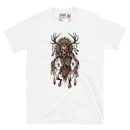 White T-shirt featuring a detailed Wendigo design with skeletal body, antler crown, tribal feathers, and haunting horror aesthetic