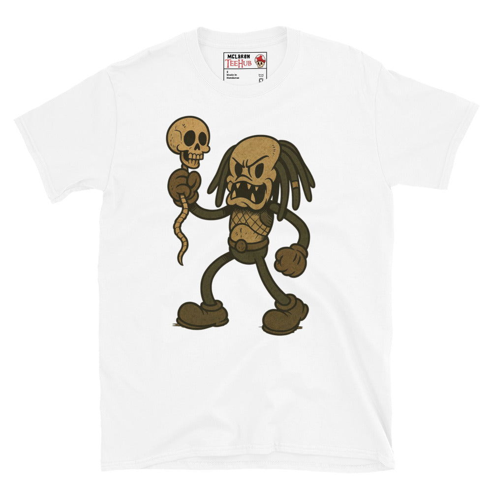 Retro Cartoon Predator T-Shirt in white colour – Predator rubber-hose style holding skull, exclusive McLaren TeeHub design