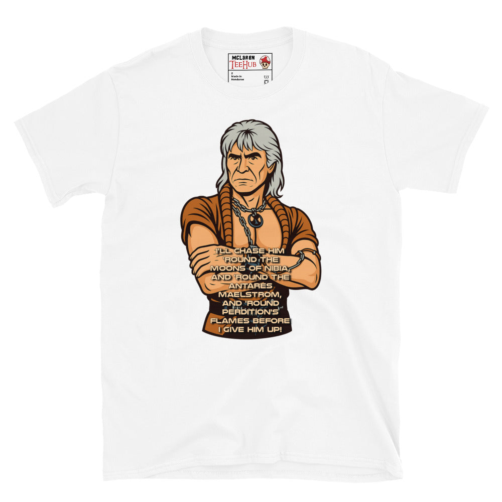 Stylized cartoon of Khan Noonien Singh from Star Trek II: The Wrath of Khan with famous quote printed below, exclusive McLaren TeeHub T-shirt. White Colour.
